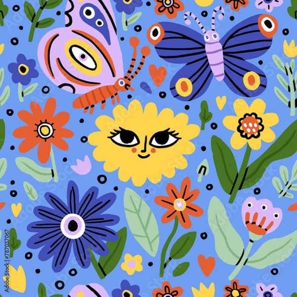 Fototapeta Seamless flower pattern. Bright floral background with blossoms, butterfly and blooms print. Repeating texture design. Multicolored backdrop for decor. Colored flat vector illustration for textile