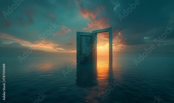 Fototapeta floating open door over a calm sea, Generative AI