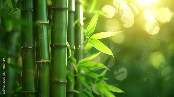 Fototapeta Lush bamboo forest, sun on bamboo, close-up, bokeh effect