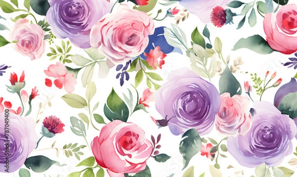 Fototapeta Pattern of purple and red roses, green leaves, watercolor, Generative AI
