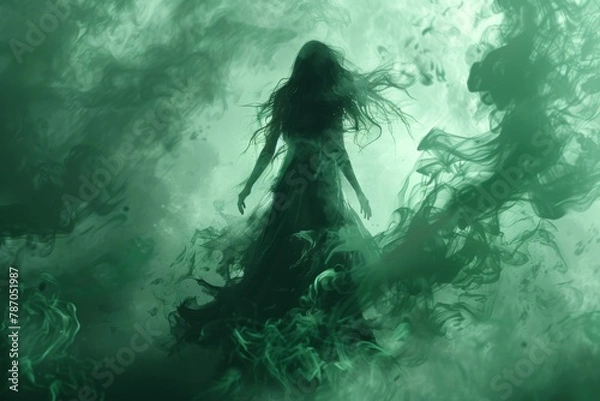 Fototapeta A shadowy banshee with flowing hair and a tattered dress, screaming into the void, her hands clawing at the air, surrounded by a faint green aura