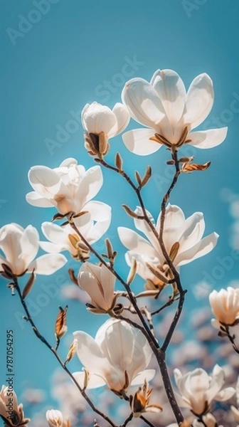 Fototapeta A branch of delicate magnolia flowers against a vibrant blue sky, creating a tranquil and harmonious scene