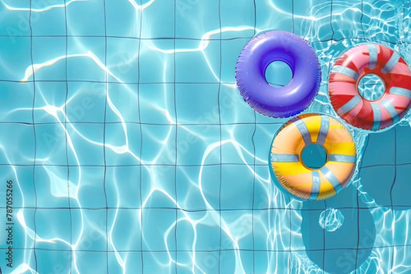 Fototapeta AI generated image, Summer time concept ,Colorful rubber rings floating in bright and clean swimming pool, top view, view from above
