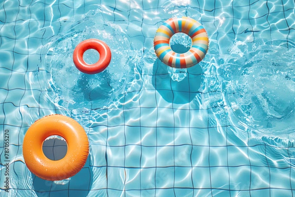 Fototapeta AI generated image, Summer time concept ,Colorful rubber rings floating in bright and clean swimming pool, top view, view from above