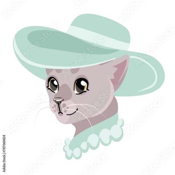 Obraz fashionable cat girl in a hat, vector portrait on a white background