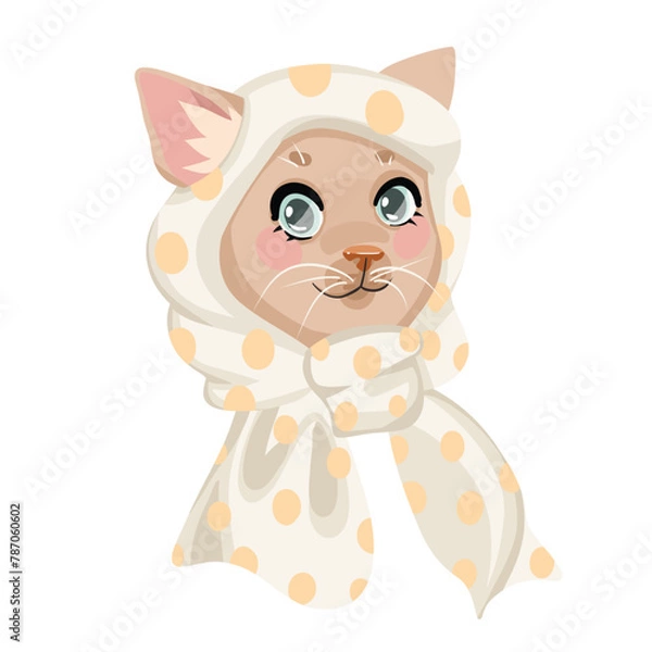 Obraz fashionable cat girl in a scarf, vector portrait on a white background