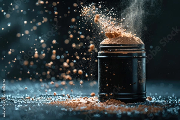 Obraz Whey protein powders in explosion on dark background.