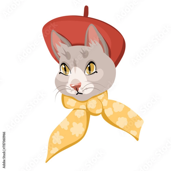 Obraz fashionable cat girl in a red beret, 
vector portrait on a white background