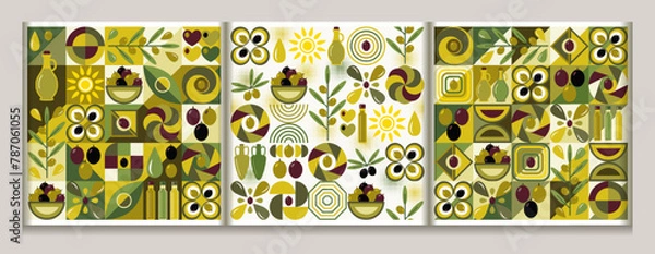 Fototapeta Seamless patterns with olive berry icons, abstract block geometric shapes. Flat simple geometric style. For branding, decoration of food package, decorative print for kitchen