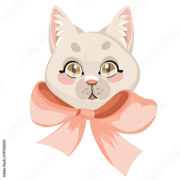 Obraz fashionable cat girl with big bow, vector portrait on white background