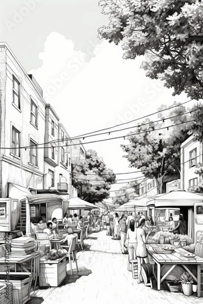 Fototapeta A community block party with games and food stalls