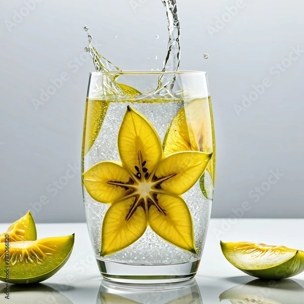 Fototapeta A splash into a glass with water and a cutted star fruit