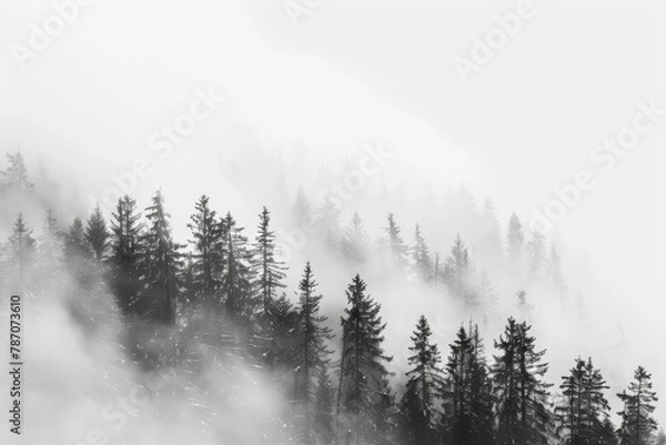 Fototapeta Misty mountain forest, ideal for active hiking adventures and outdoor exploration.