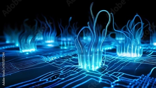 Fototapeta underwater landscape with data streams flowing like waves and bioluminescent creatures
