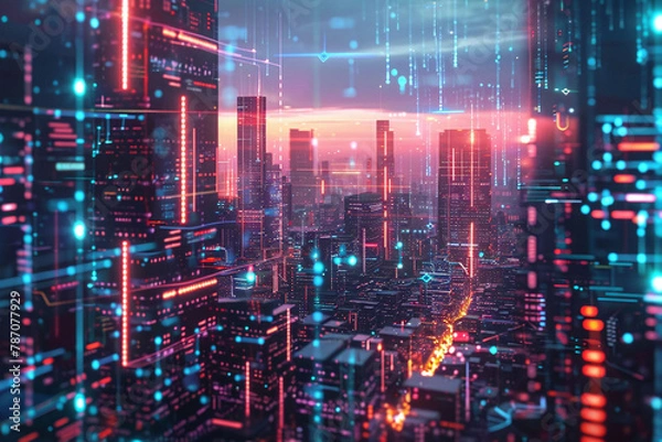 Fototapeta Blockchain technology depicted in a futuristic cyberpunk style, revolutionizing, amidst neon-lit cityscapes