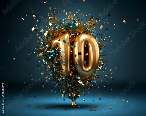 Fototapeta Number 10 made of golden confetti. 3D render isolated on dark background