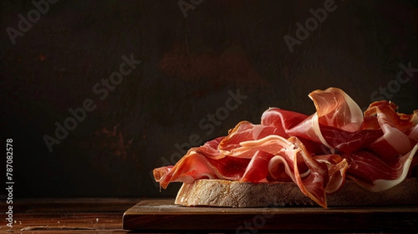 Fototapeta  bread with ham on it sits on a table