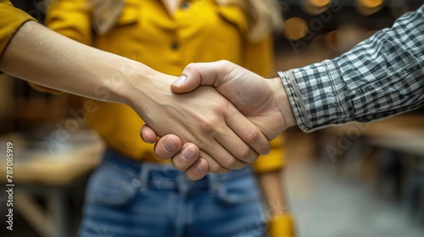 Fototapeta Renovation Agreement with Homeowner Giving Handshake with Contractor Blurred Background