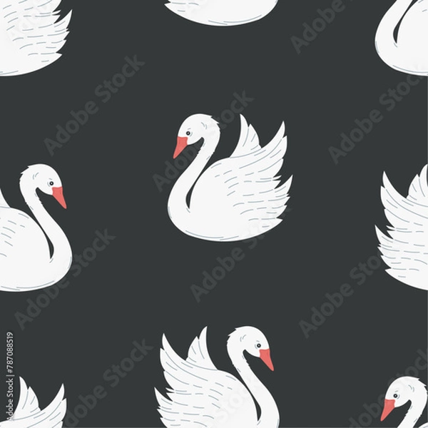 Fototapeta Vector pattern with animals in cartoon style. Background with swans illustration
