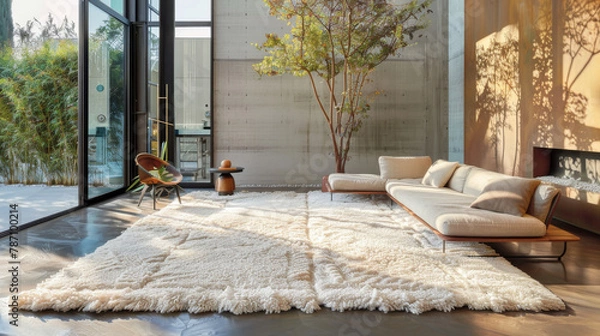 Fototapeta A large room with a white rug and a brown couch