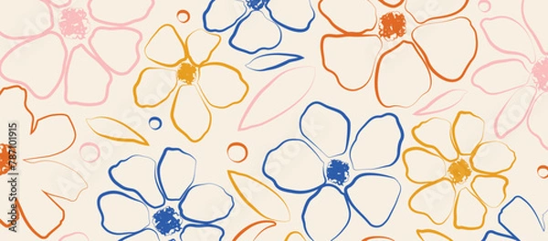 Fototapeta Hand drawn minimal abstract organic shapes pattern. Cute botanical shapes, random childish doodle cutouts of tropical leaves, flowers and branches, decorative abstract art vector illustration.