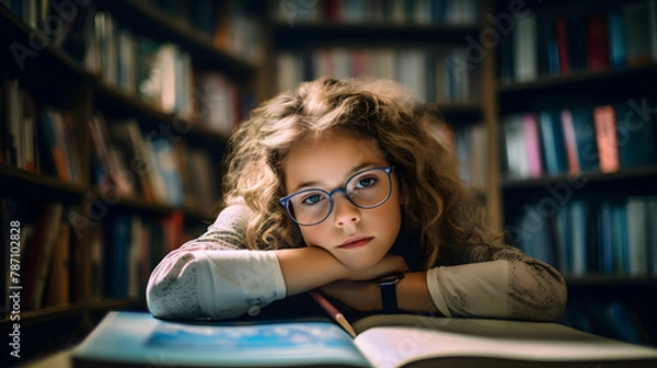 Obraz Bored student girl sitting alone inside a school library, leaning on an open book, her head resting on her crossed arms. Her eyes, staring into the camera, look weary and sleepy.