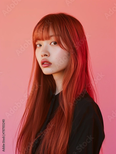 Obraz An asian model with long red hair, with sleek straight bangs, photographed from the front against an elegant gradient background