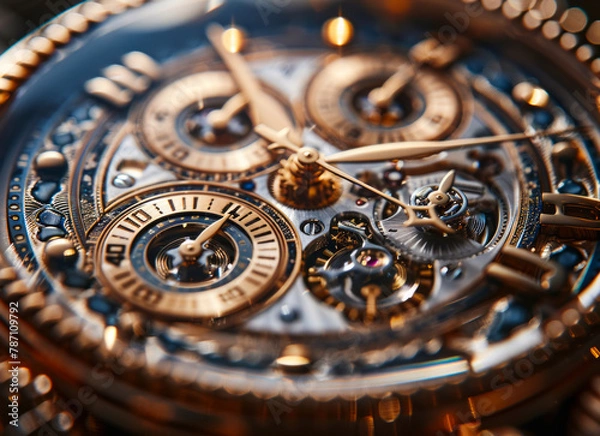 Obraz Mechanism clockwork of watch with jewels close-up. Vintage luxury background. Time work concept.
