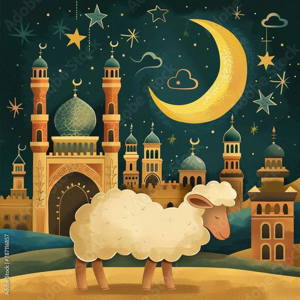 Fototapeta Celebrating Eid al-Adha Muslim holiday illustration. Traditional animal ram sheep. Mosque with crescent and lanterns.