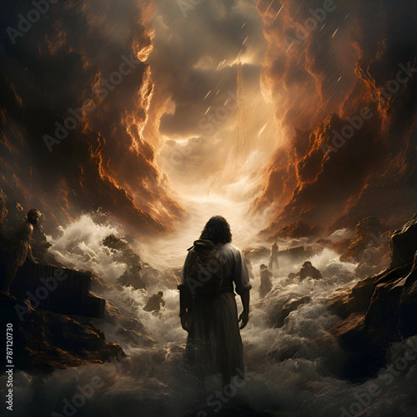 Fototapeta Man in the middle of a stormy landscape with a lot of smoke