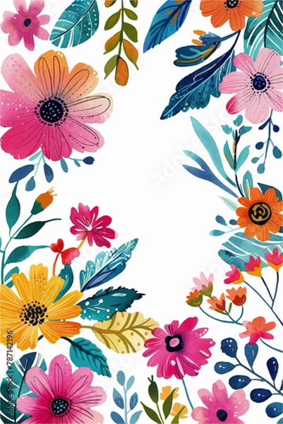 Fototapeta Colorful flowers motif frame, desaturated light and airy pastel color palette, white background, vector