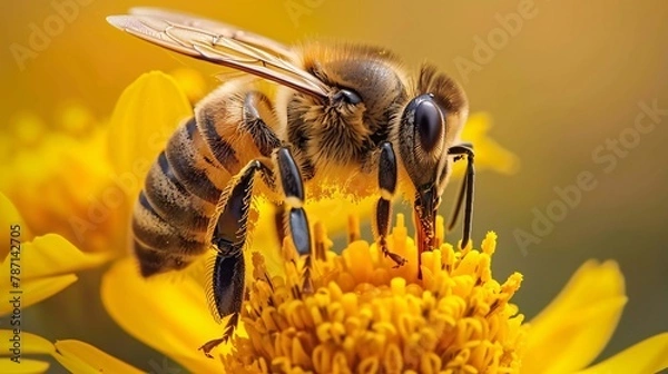 Fototapeta Close up of a bee on a yellow flower. Macro shot.