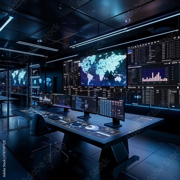 Fototapeta A computer room with a large monitor displaying a world map