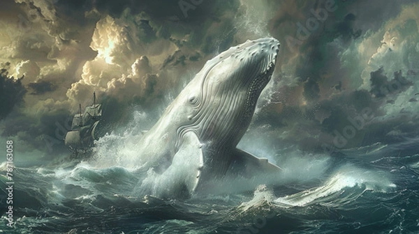 Obraz Moby Dick, the white whale, breaches against a stormy sea, Ahab's ship in pursuit, Illustrations.