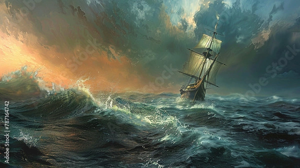 Fototapeta The Pequod sails, Moby Dick in the distance, turbulent ocean, stormy sky, Melville's epic tale.