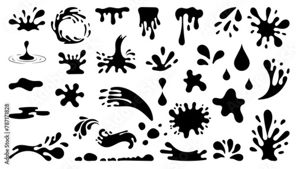 Fototapeta Big Set of Water drops, sea and ocean waves stencil. Black Liquid elements, cry droplet icons collection. Ink, sauce, blood, river splashes and fluid. Vector illustration isolated on white background