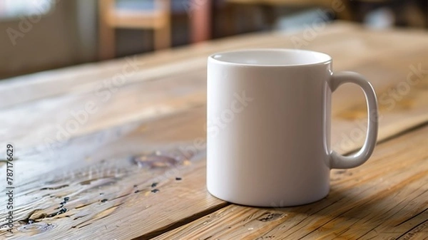 Obraz Blank white mug on wooden table. Mug mockup template.