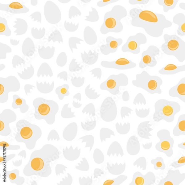Fototapeta Fried eggs and cracked shells arranged on white background in vector seamless pattern. Subtle surface art texture for printing on various materials or use in graphic design projects.