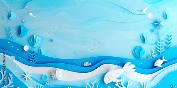 Fototapeta A paper art background world ocean day, banner, colorfull, negative space, aspect ratio 2:1
