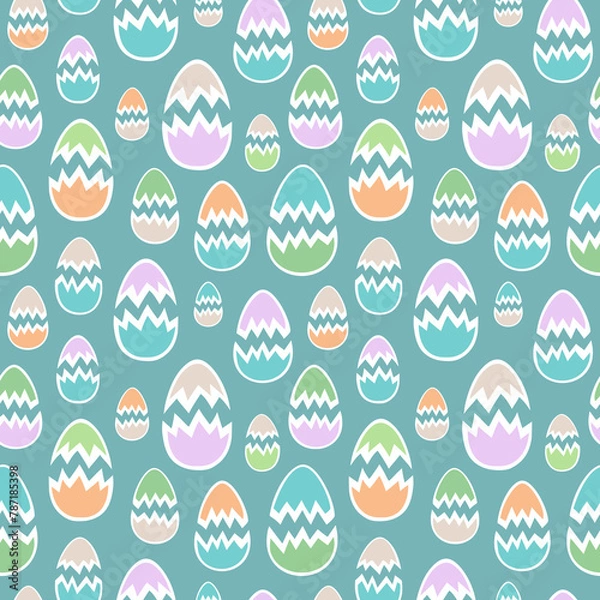Fototapeta Colorful broken eggshells in pastel shades arranged in seamless pattern. Attractive Easter surface art on teal backdrop for printing on various materials or use in graphic design projects.