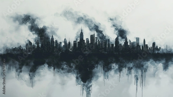 Obraz A city skyline with a lot of smoke in the air