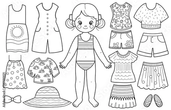 Fototapeta Dress up activity page in black and white for kids with a cute girl. Paper doll game in outline. Put clothes on a little girl.Vector illustration