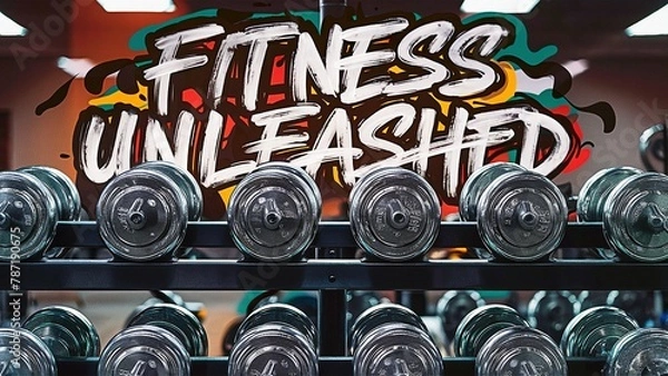 Fototapeta Dumbbells on a rack with a graffiti-style "FITNESS UNLEASHED" mural in the backdrop, symbolizing raw gym energy and urban fitness culture.