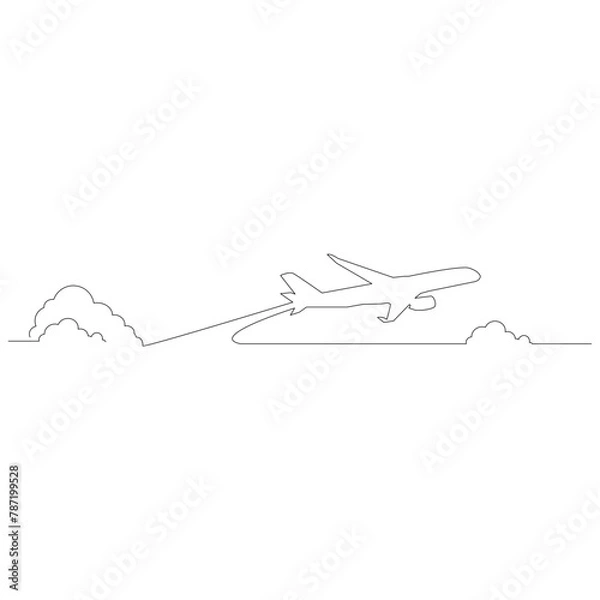 Fototapeta 線で描かれたシンプルな飛行機と雲のアウトラインスケッチのイラスト　ベクター