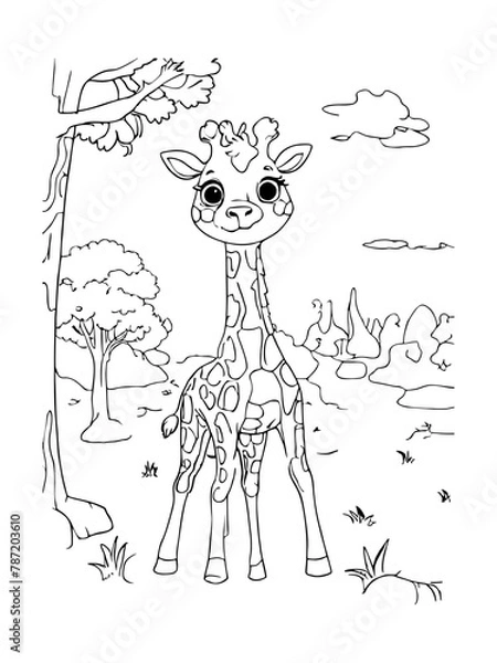 Fototapeta Simple and clean line art of a giraffe in the happy savannah on white background, vector.ai