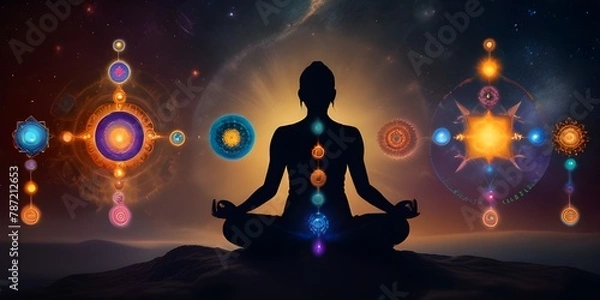 Fototapeta Cosmic Meditation: Person Connecting with Universe, Chakras, and Prana for Spiritual Harmony, Inner Peace, and Mindful Enlightenment - Transcendence Through Cosmic Consciousness