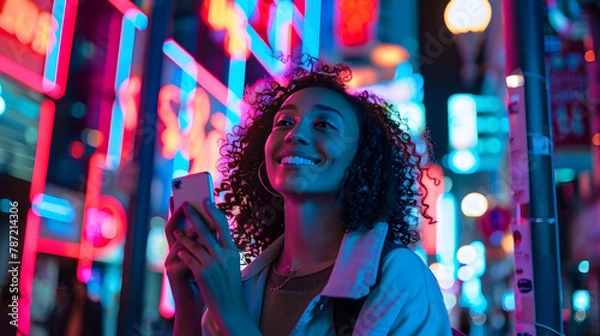 Fototapeta Lifestyle portrait of beautiful happy woman talking on cellphone looking aside and smiling walking at city street full of neon lights at night closeup copy space : Generative AI