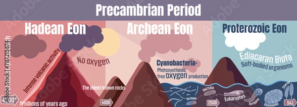 Fototapeta Precambrian period: Geological timeline spanning from the Hadean Eon, through the Archean Eon, and into the Proterozoic Eon, leading to the emergence of Ediacaran biota.