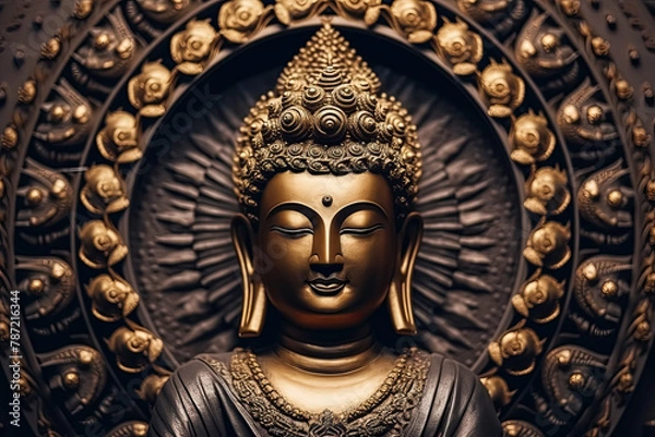 Fototapeta A gold statue of a Buddha is sitting on a table.