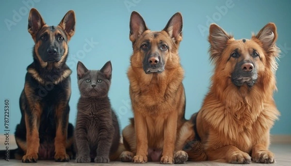 Fototapeta Various pets waiting at vet clinic on soft colored background with space for text